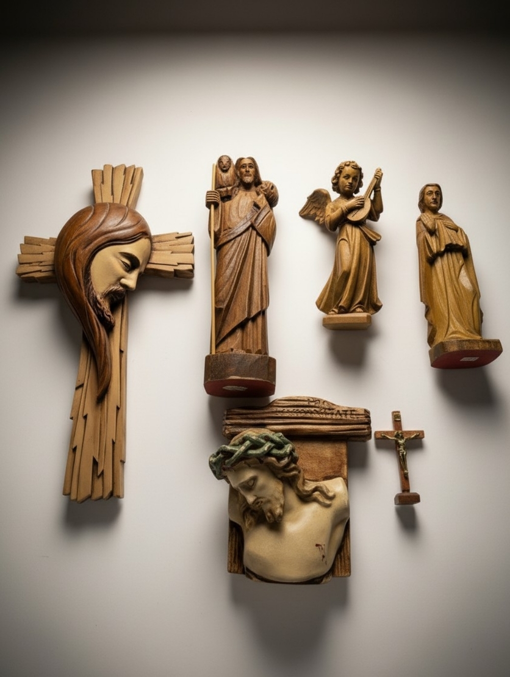 6pc Vintage Antique Religious Bundle Wood Carved Italy Catholic Devotional Set